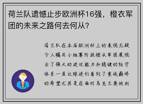 荷兰队遗憾止步欧洲杯16强，橙衣军团的未来之路何去何从？